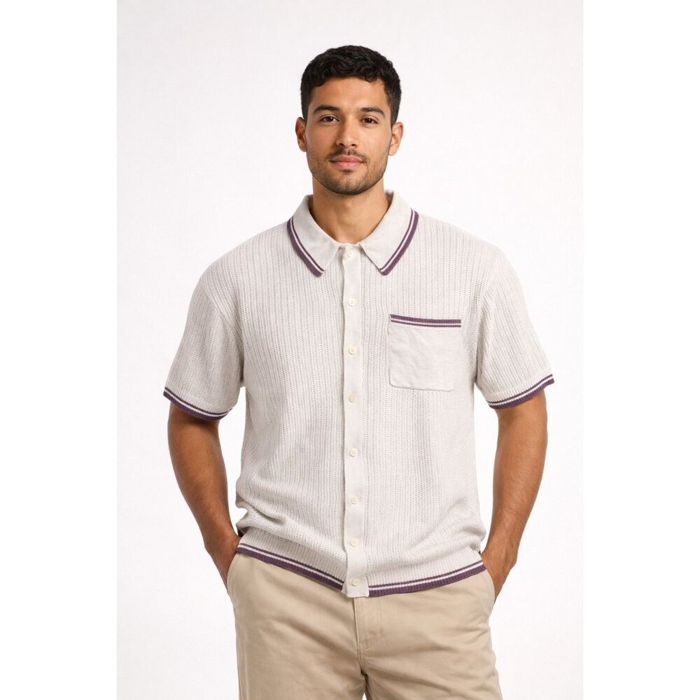 Standard Cloth Collared Purple Trim Short Sleeve Top  Size L Grandpacore Casual